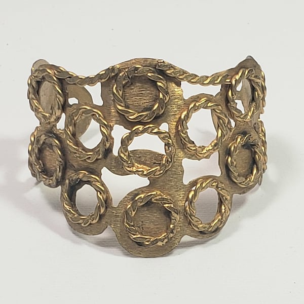 Vintage Silvana Made In Italy cuff bracelet Etruscan Couture 1960s brass tone filigree cut out wide cuff bracelet