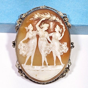 14K White Gold Three Graces Shell Cameo Brooch Pendant