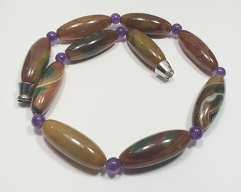 Vintage gemstone agate amethyst beaded necklace with magnetic clasp brown purple green color colors