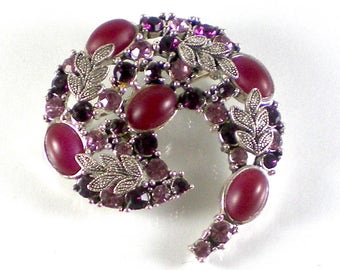 Rhinestone brooch  purple pink rhinestones and cabochons silver leaves pin vintage Jewelry