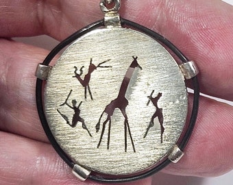 African safari themed pendant giraffe deer hunter scene sterling silver leather pendant vintage jewelry