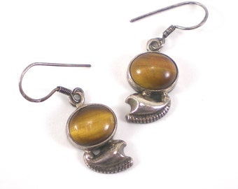 Tiger Eye Earrings - Sterling Silver Gemstone Pierced Dangle Earrings - Vintage Jewelry