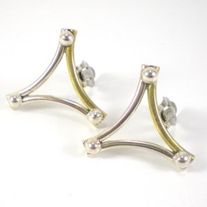 Vintage Taxco Sterling Silver Brass Clip On Earrings, Geometric Mod Jewelry