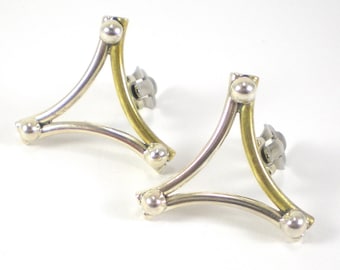 Vintage Taxco Sterling Silver Brass Clip On Earrings, Geometric Mod Jewelry