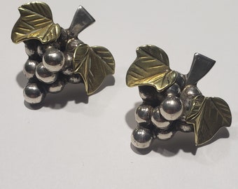 Vintage Laton Taxco Mexico sterling silver brass Cluster of grapes pierced  earrings