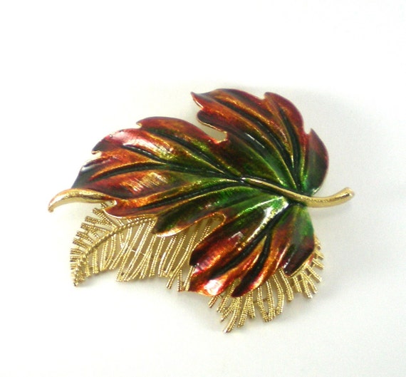 Gold Enamel Leaf  Brooch Pin,  Maple Leaves ,Fall… - image 1