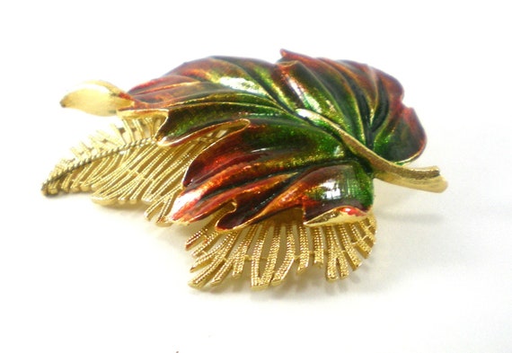 Gold Enamel Leaf  Brooch Pin,  Maple Leaves ,Fall… - image 3