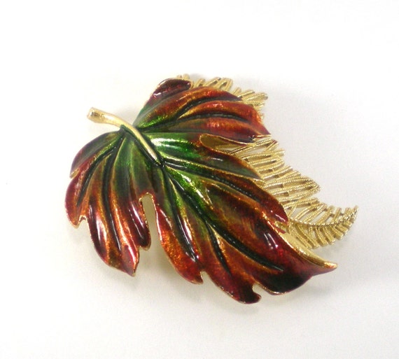 Gold Enamel Leaf  Brooch Pin,  Maple Leaves ,Fall… - image 2