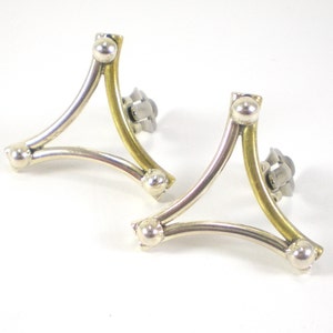 Taxco mix metal earrings sterling silver brass clip on earrings mod modernist geometric vintage jewelry image 2