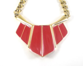 Trifari Necklace - Enamel Necklace - Gold Red Enamel Choker - Vintage Boho Hippie Jewelry