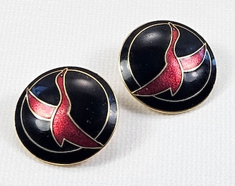 Bird cloisonne enamel clip on earrings  black red round bird earrings vintage jewelry