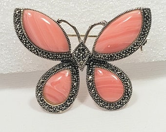 Butterfly brooch - Charles Winston butterfly sterling silver marcasite and lucite like coral brooch pin signed CW 925
