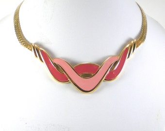 Napier Enamel Necklace - Gold Metal Pink Enamel Necklace - Wave Abstract Mod Modern Vintage Jewelry