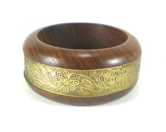 Wood Brass Bangle Bracelet Vintage Boho Hippie Jewelry