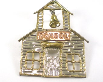 School House Brooch Pin - Brass Copper Silver Pendant - Vintage Jewelry