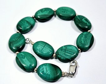 Malachite bracelet sterling silver gemstone 925 green beaded bracelet vintage jewelry