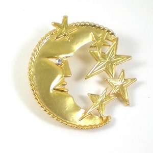 Celestial brooch - Moon Stars Brooch Pin - Crescent Moon Brooch Gold Matte Pin Vintage Jewelry