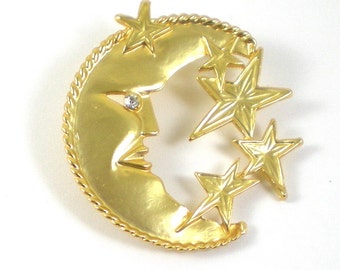 Celestial brooch - Moon Stars Brooch Pin - Crescent Moon Brooch Gold Matte Pin Vintage Jewelry