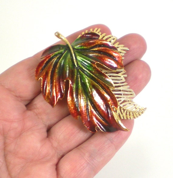 Gold Enamel Leaf  Brooch Pin,  Maple Leaves ,Fall… - image 5