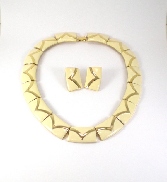 Enamel Necklace Earrings Set - Vintage Gold Cream… - image 1