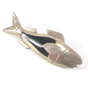 Vintage Taxco Sterling Silver Fish Brooch: Black Enamel Nautical Pin