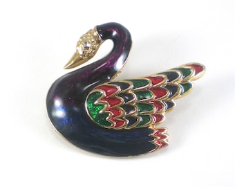 Swan Brooch  - Vintage Gold Enamel Bird Pin - Vintage Jewelry