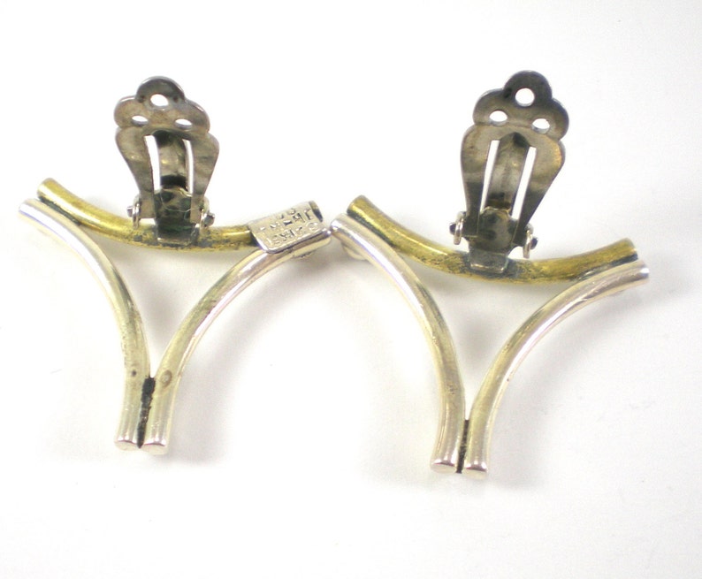 Taxco mix metal earrings sterling silver brass clip on earrings mod modernist geometric vintage jewelry image 4