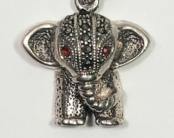Elephant pendant sterling silver marcasite ruby red eyes lucky charm vintage jewerly