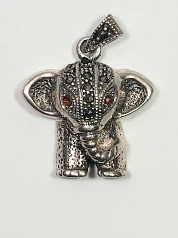 Elephant pendant sterling silver marcasite ruby red eyes lucky charm vintage jewerly