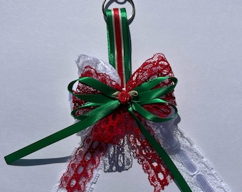 Mexican Braid Keychain with Red Lace and Green Ribbon Accent