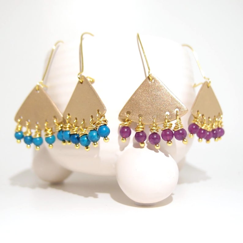 Boucles d'oreilles pendantes dorées, BO mapuche, bijou évantail, bronze doré, cadeau copine, bijouxdebull image 1