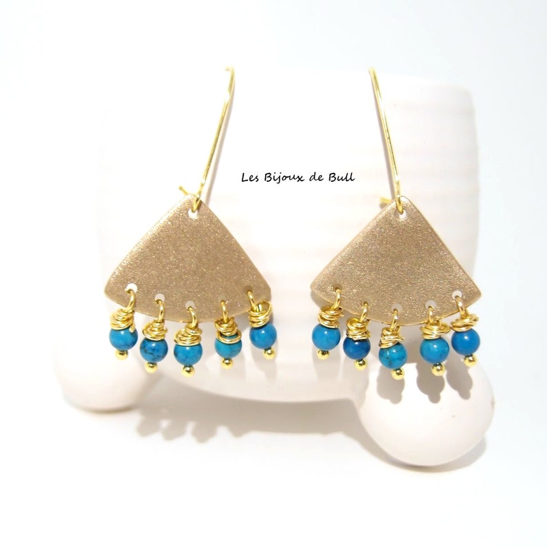 Boucles d'oreilles pendantes dorées, BO mapuche, bijou évantail, bronze doré, cadeau copine, bijouxdebull image 6