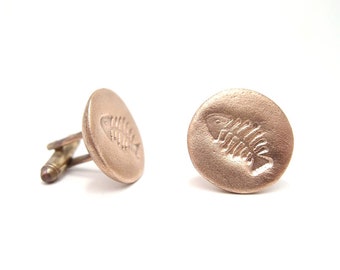 Boutons de manchette poisson, manchettes arête de poisson, squelette poisson, faits main en bronze doré, cadeau mariage, père de la mariée