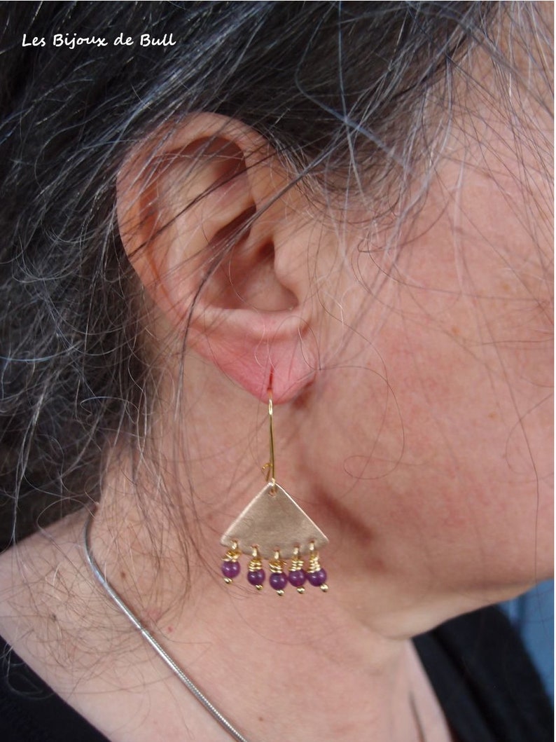 Boucles d'oreilles pendantes dorées, BO mapuche, bijou évantail, bronze doré, cadeau copine, bijouxdebull image 5