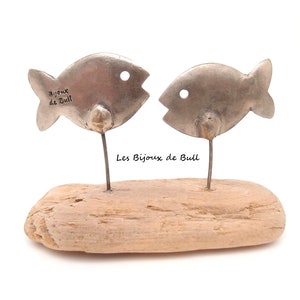 Couple de poissons en bronze argenté texturé et bois flotté recyclé, sculpture métal et bois, cadeau décoration poisson, lesbijouxdebull image 6