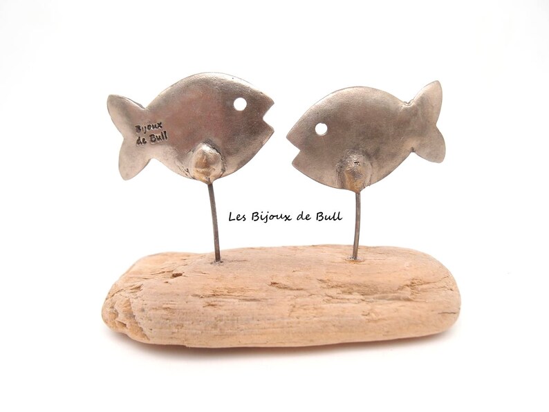 Couple de poissons en bronze argenté texturé et bois flotté recyclé, sculpture métal et bois, cadeau décoration poisson, lesbijouxdebull image 6