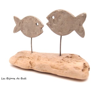 Couple de poissons en bronze argenté texturé et bois flotté recyclé, sculpture métal et bois, cadeau décoration poisson, lesbijouxdebull image 5