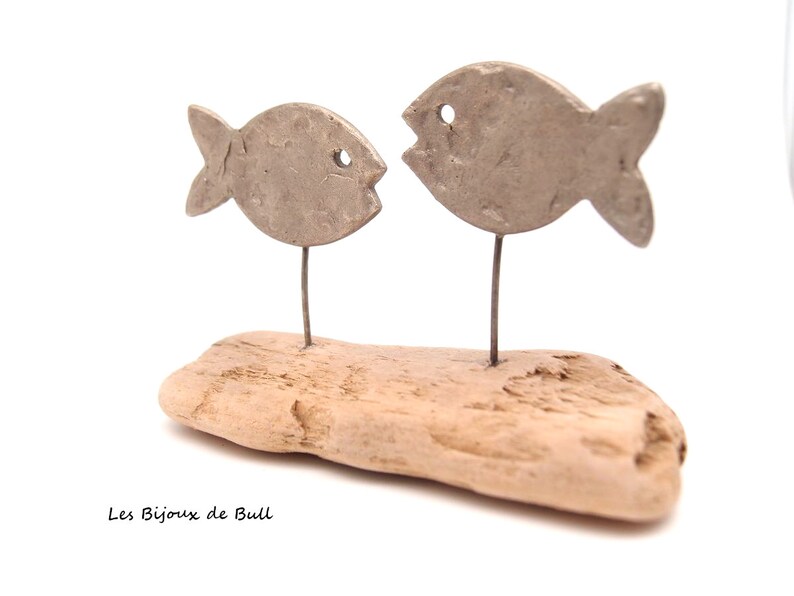 Couple de poissons en bronze argenté texturé et bois flotté recyclé, sculpture métal et bois, cadeau décoration poisson, lesbijouxdebull image 5