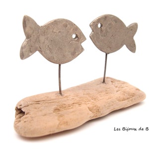 Couple de poissons en bronze argenté texturé et bois flotté recyclé, sculpture métal et bois, cadeau décoration poisson, lesbijouxdebull image 4