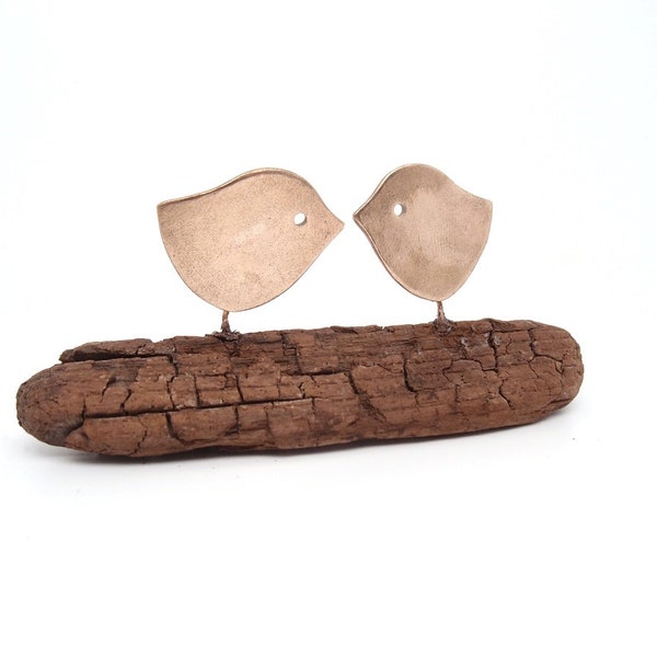 Couple oiseaux, bronze doré, bois flotté recyclé, sculpture métal et bois, oiseau minimaliste, objet poétique, cadeau noce, lesbijouxdebull