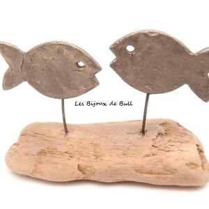 Couple de poissons en bronze argenté texturé et bois flotté recyclé, sculpture métal et bois, cadeau décoration poisson, lesbijouxdebull image 2