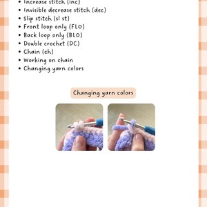 May include: A page from a crochet guide with a list of crochet skills, including magic ring, single crochet, and chain. The text "Changing yarn colors" is above two images demonstrating the technique. The background has a light orange and white plaid pattern.