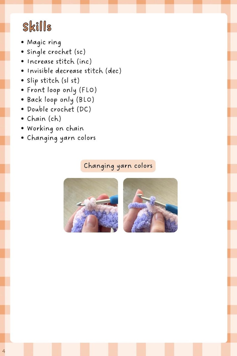 May include: A page from a crochet guide with a list of crochet skills, including magic ring, single crochet, and chain. The text "Changing yarn colors" is above two images demonstrating the technique. The background has a light orange and white plaid pattern.