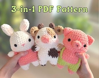 Crochet Pattern Bundle: Pig, Bunny and Cow Amigurumi Plushies (PDF in English)