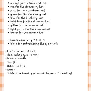 May include: A list of materials for a crochet project, including chenille yarn in various colors like white, orange, red, pink, green, blue, yellow, and brown. Also listed are a crochet hook, safety eyes, tapestry needle, fiberfill, stitch markers, scissors, and a lighter.