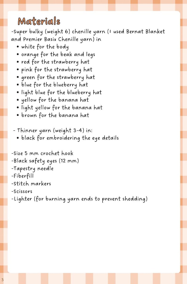 May include: A list of materials for a crochet project, including chenille yarn in various colors like white, orange, red, pink, green, blue, yellow, and brown. Also listed are a crochet hook, safety eyes, tapestry needle, fiberfill, stitch markers, scissors, and a lighter.