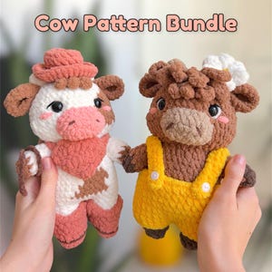 Bundel met gehaakt koe-amigurumipatroon | Highland- en cowboykoeien (Engels pdf-patroon)