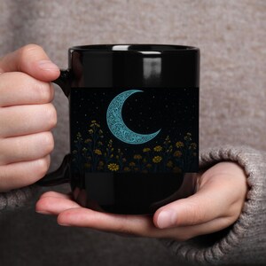 Celestial Moon and Flower Mug, Blue Moon Mug, Floral Coffee Cup, Celestial Drinkware, Lunar Tea Mug, Flower Patterned Mug