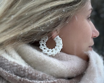 White Big Hoop Earrings, Sculptural Lightweight Jewelry for Modern Women