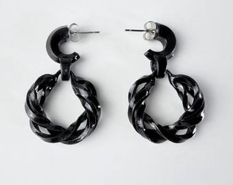 Black Spiral Hoop Earrings for Daily Wear, Sculptural Lightweight Resin Hoops